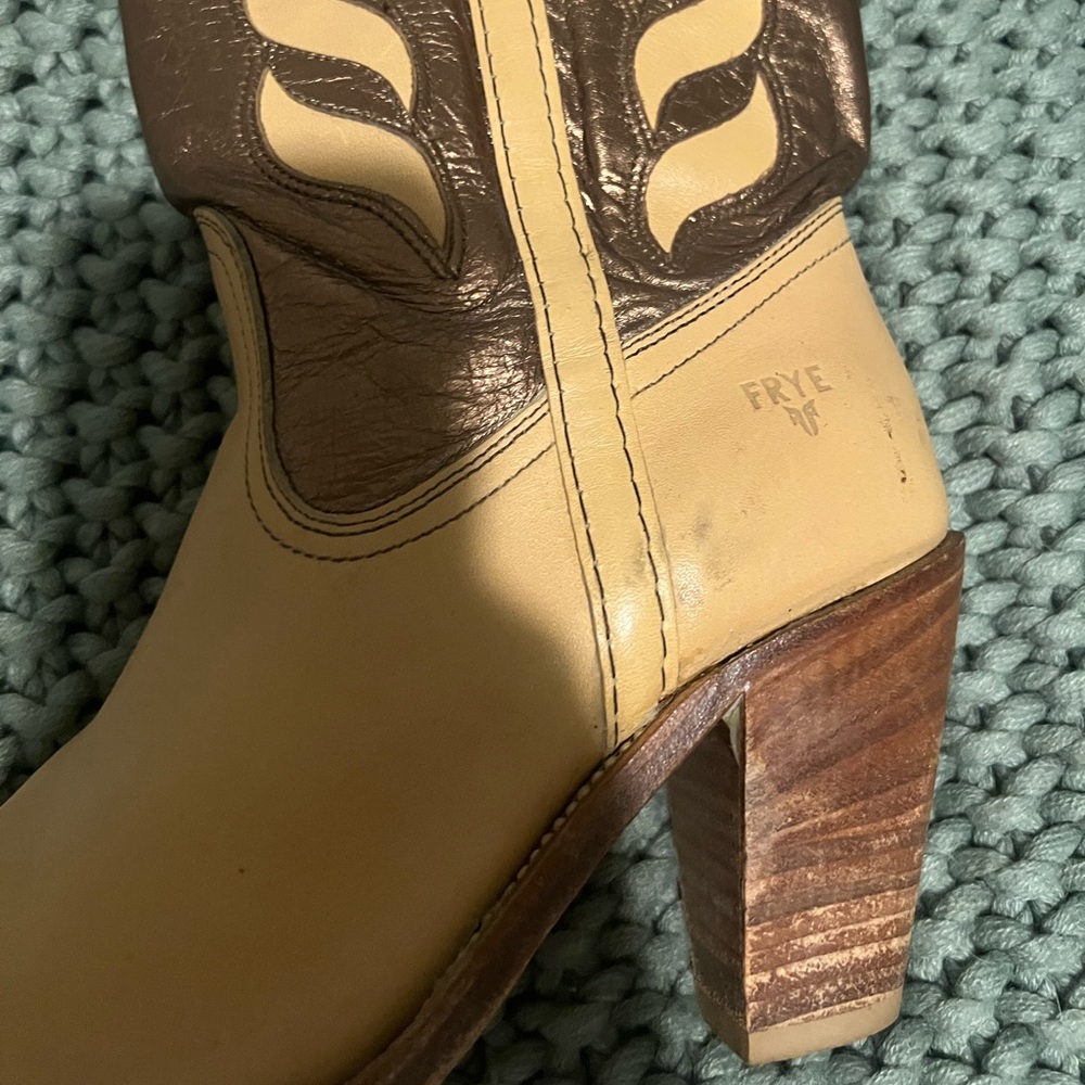 Frye Two-Tone Tan and Bronze Heeled Cowboy Boots - Picture 3 of 5
